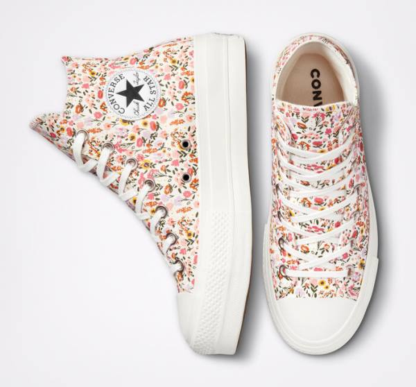 Zapatillas Altas Converse Chuck Taylor All Star Lift Plataforma Florals Beige Blancas Rosas | CV-964NWJ